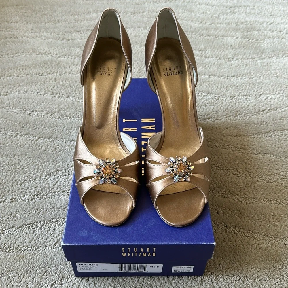 Stuart Weitzman Goodlife D’Orsay Jeweled Satin Open Toe Heel Pumps Sz Gold 8.5M
